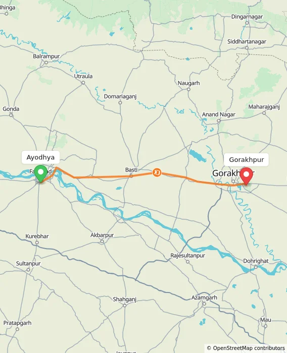Route map showing distance and travel time from Ayodhya, India to Gorakhpur, India
