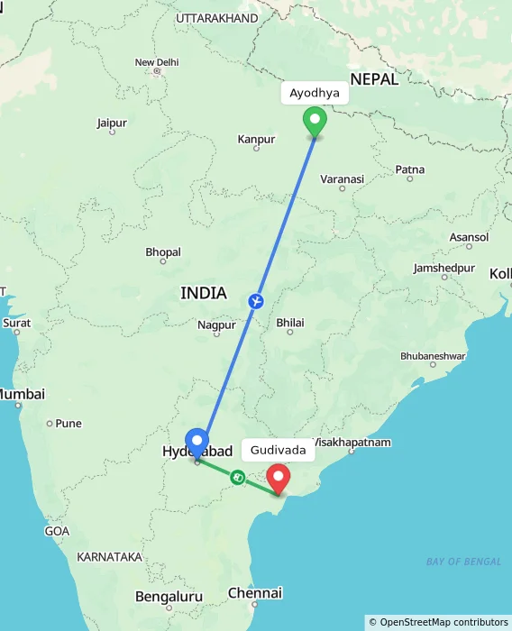 Route map showing distance and travel time from Ayodhya, India to Gudivada, India