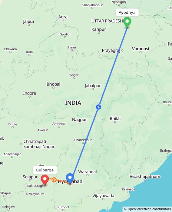 Route map showing distance and travel time from Ayodhya, India to Gulbarga, India