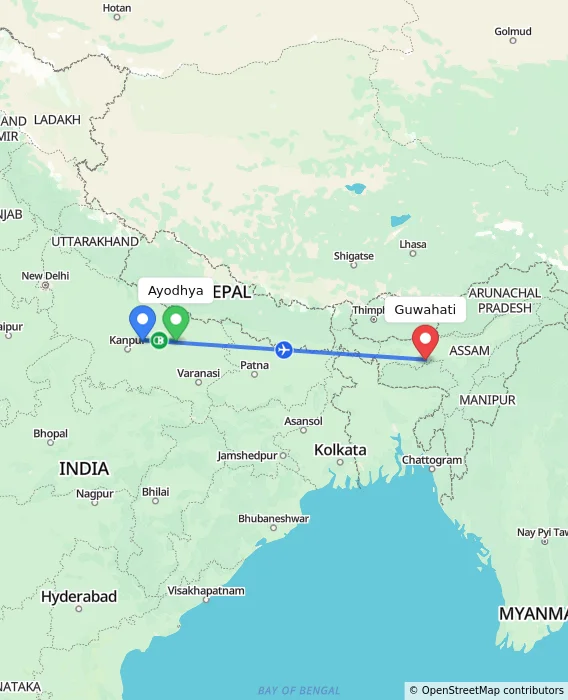 Route map showing distance and travel time from Ayodhya, India to Guwahati, India