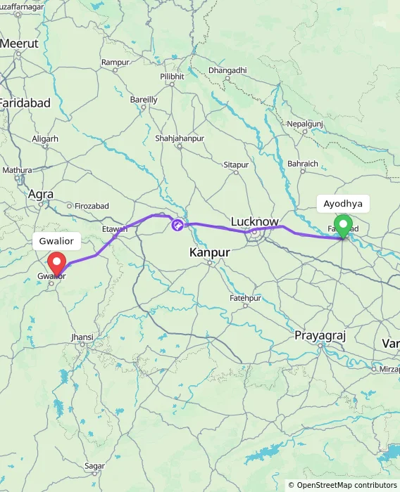 Route map showing distance and travel time from Ayodhya, India to Gwalior, India