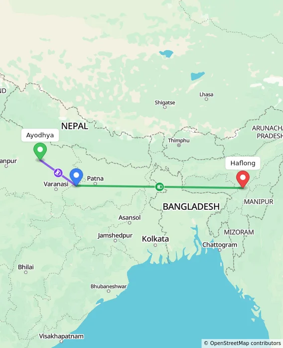 Route map showing distance and travel time from Ayodhya, India to Haflong, India