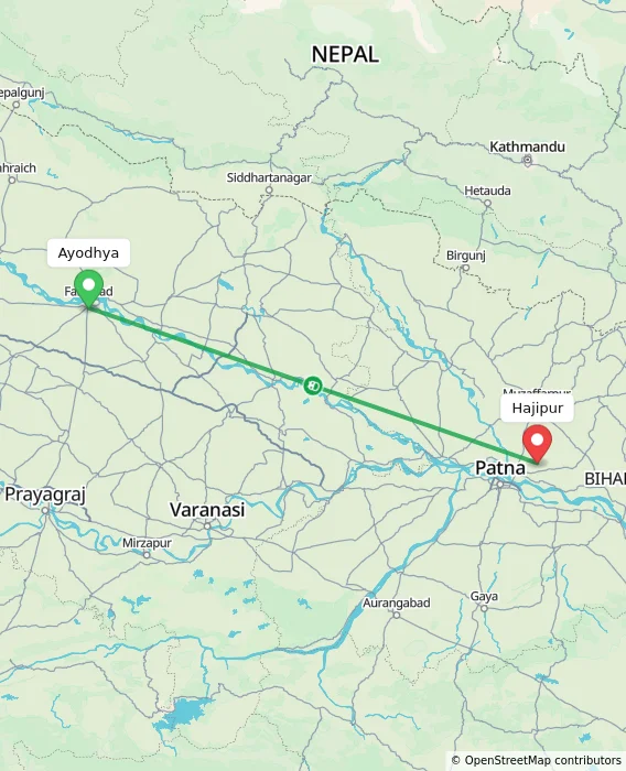 Route map showing distance and travel time from Ayodhya, India to Hajipur, India