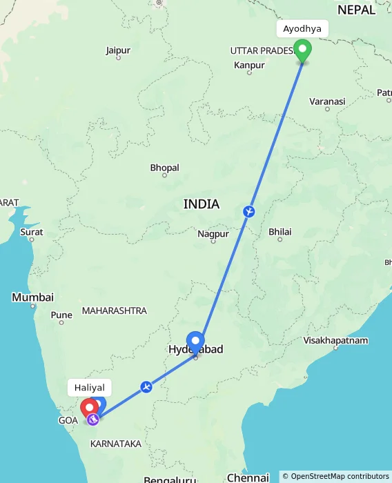 Route map showing distance and travel time from Ayodhya, India to Haliyal, India