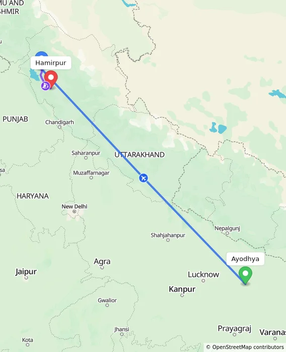 Route map showing distance and travel time from Ayodhya, India to Hamirpur, India