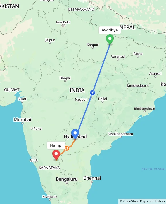 Route map showing distance and travel time from Ayodhya, India to Hampi, India