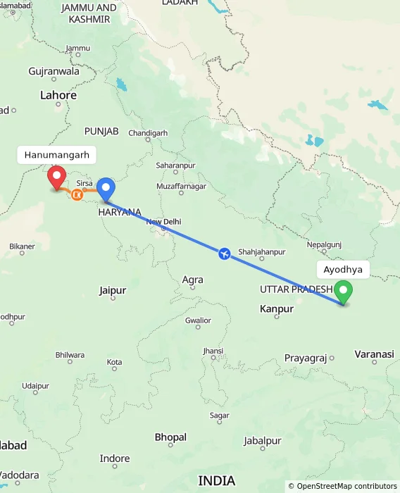 Route map showing distance and travel time from Ayodhya, India to Hanumangarh, India