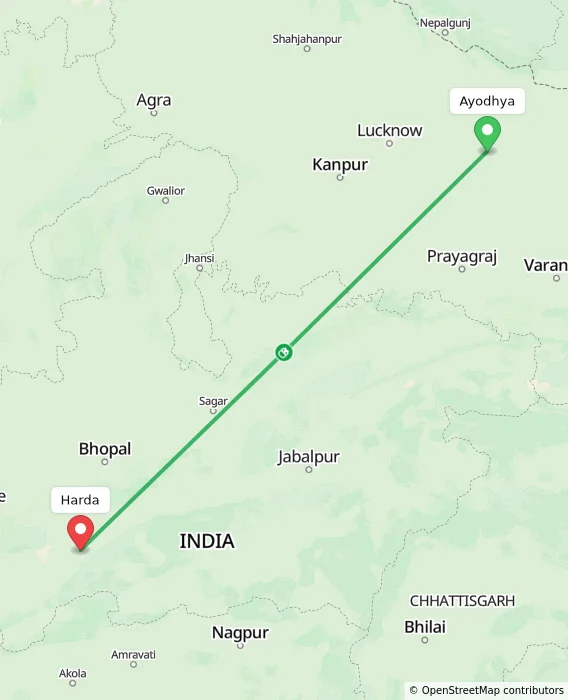 Route map showing distance and travel time from Ayodhya, India to Harda, India