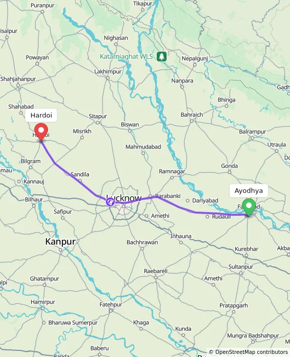 Route map showing distance and travel time from Ayodhya, India to Hardoi, India