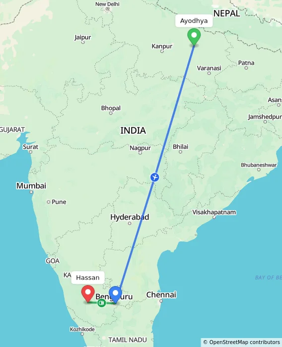 Route map showing distance and travel time from Ayodhya, India to Hassan, India