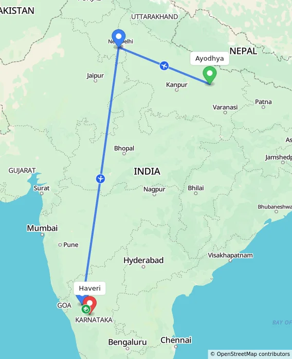 Route map showing distance and travel time from Ayodhya, India to Haveri, India