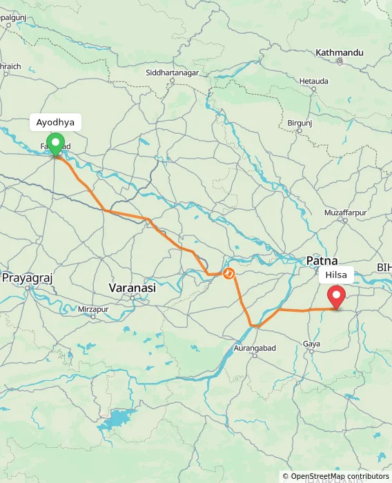 Route map showing distance and travel time from Ayodhya, India to Hilsa, India