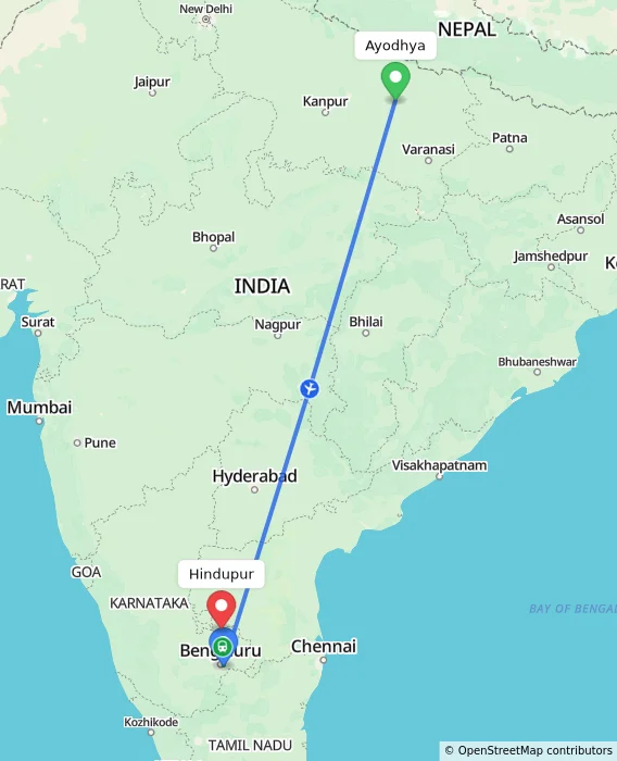 Route map showing distance and travel time from Ayodhya, India to Hindupur, India
