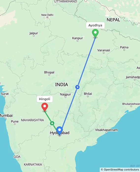 Route map showing distance and travel time from Ayodhya, India to Hingoli, India