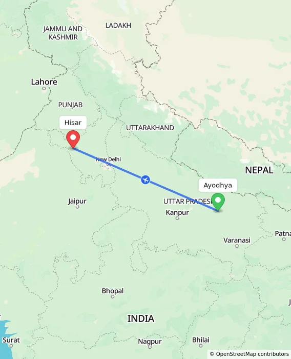 Route map showing distance and travel time from Ayodhya, India to Hisar, India