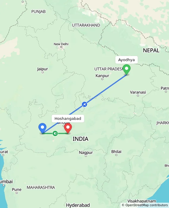 Route map showing distance and travel time from Ayodhya, India to Hoshangabad, India