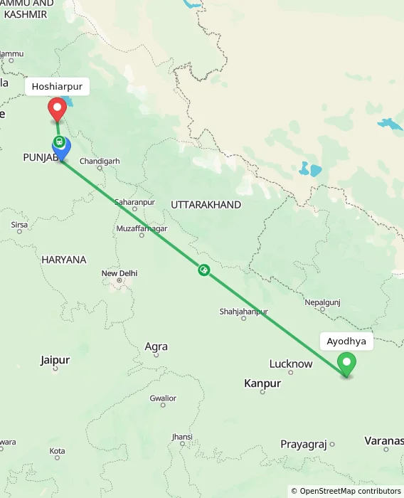 Route map showing distance and travel time from Ayodhya, India to Hoshiarpur, India