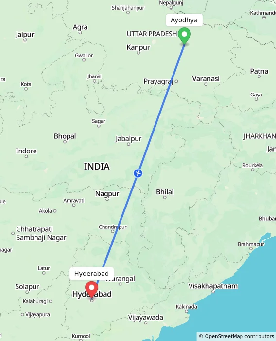 Route map showing distance and travel time from Ayodhya, India to Hyderabad, India