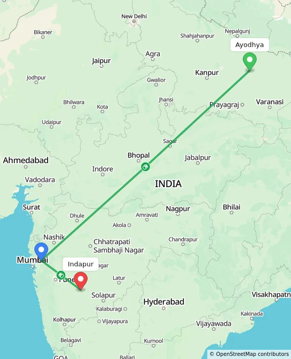 Route map showing distance and travel time from Ayodhya, India to Indapur, India