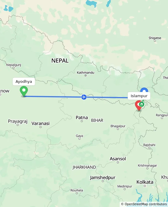 Route map showing distance and travel time from Ayodhya, India to Islampur, India