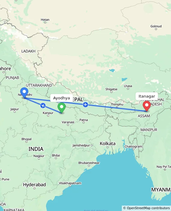Route map showing distance and travel time from Ayodhya, India to Itanagar, India