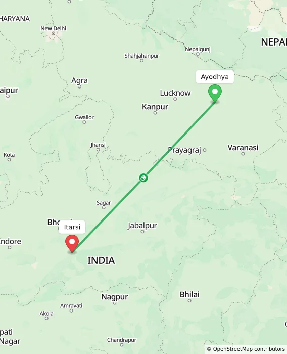 Route map showing distance and travel time from Ayodhya, India to Itarsi, India