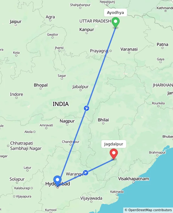 Route map showing distance and travel time from Ayodhya, India to Jagdalpur, India