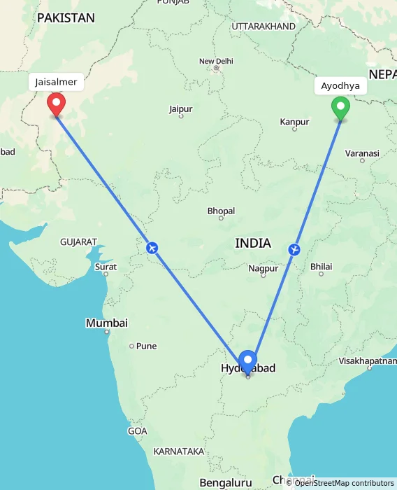 Route map showing distance and travel time from Ayodhya, India to Jaisalmer, India