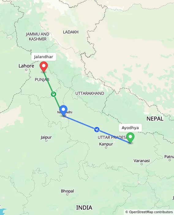 Route map showing distance and travel time from Ayodhya, India to Jalandhar, India