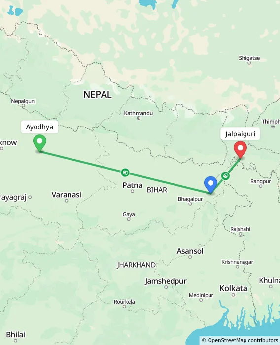 Route map showing distance and travel time from Ayodhya, India to Jalpaiguri, India