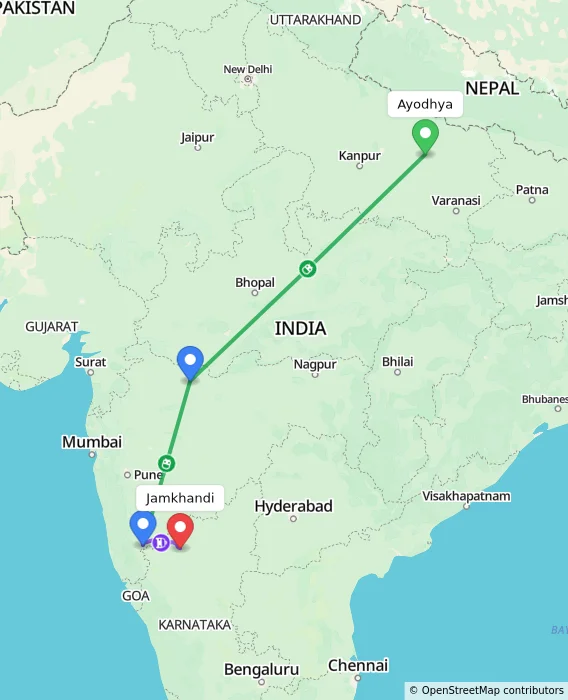 Route map showing distance and travel time from Ayodhya, India to Jamkhandi, India