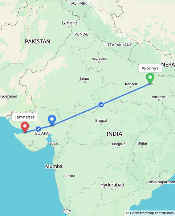 Route map showing distance and travel time from Ayodhya, India to Jamnagar, India