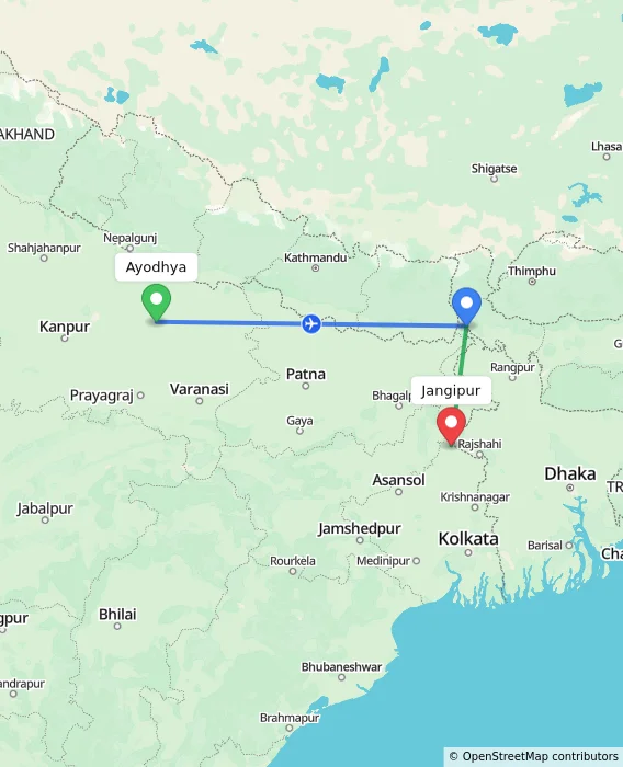Route map showing distance and travel time from Ayodhya, India to Jangipur, India