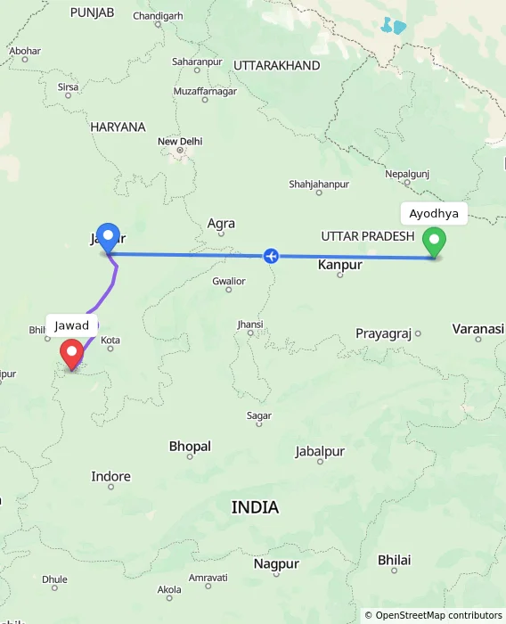 Route map showing distance and travel time from Ayodhya, India to Jawad, India