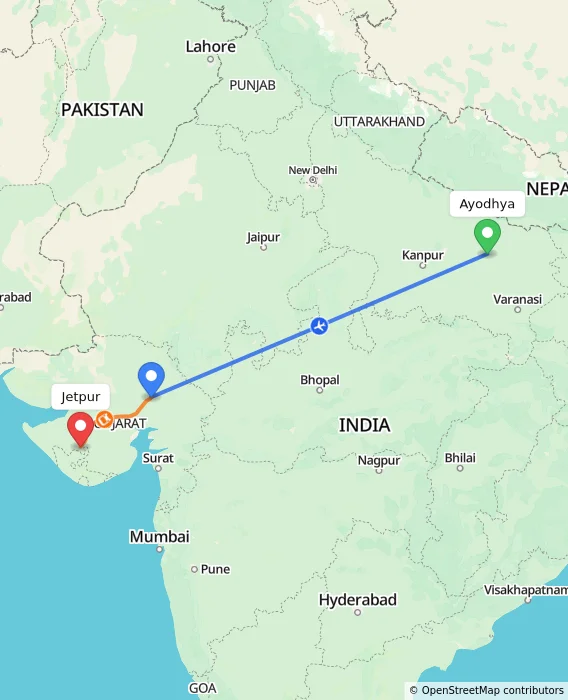 Route map showing distance and travel time from Ayodhya, India to Jetpur, India