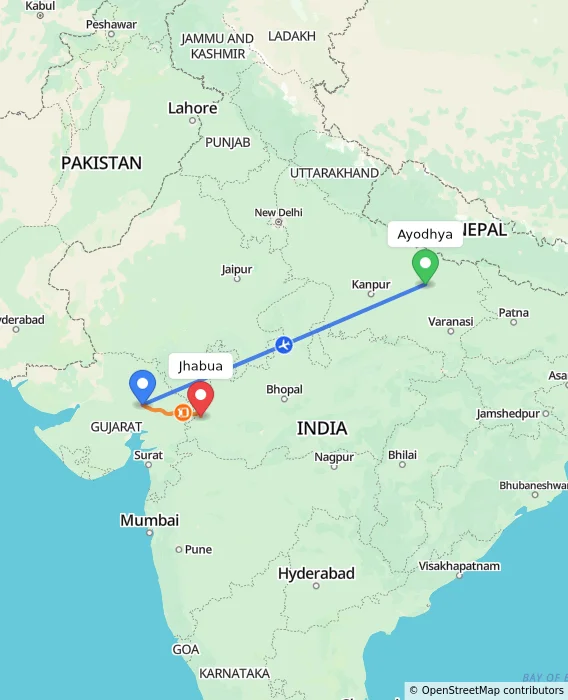 Route map showing distance and travel time from Ayodhya, India to Jhabua, India