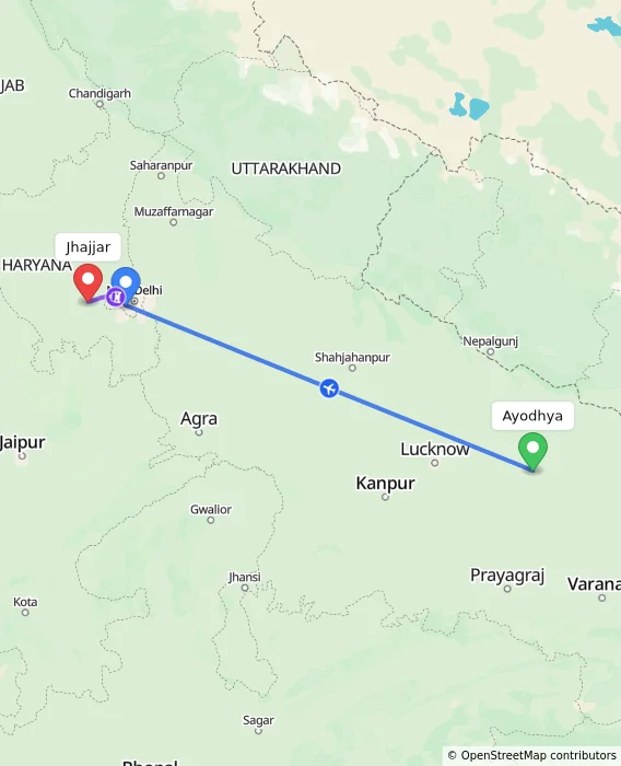 Route map showing distance and travel time from Ayodhya, India to Jhajjar, India