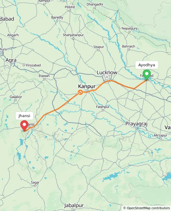 Route map showing distance and travel time from Ayodhya, India to Jhansi, India