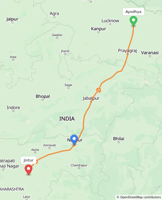 Route map showing distance and travel time from Ayodhya, India to Jintur, India