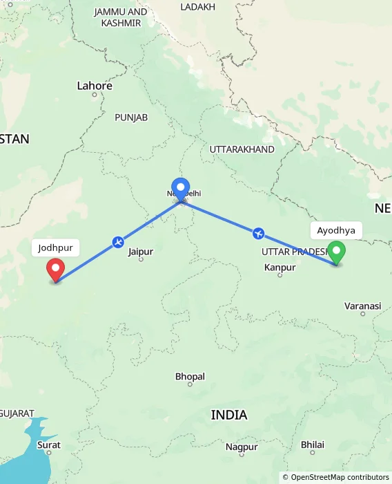 Route map showing distance and travel time from Ayodhya, India to Jodhpur, India