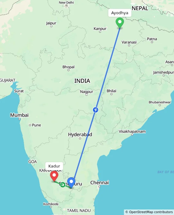 Route map showing distance and travel time from Ayodhya, India to Kadur, India
