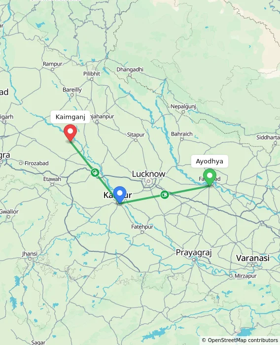Route map showing distance and travel time from Ayodhya, India to Kaimganj, India