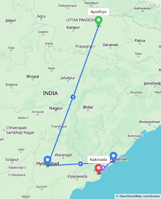 Route map showing distance and travel time from Ayodhya, India to Kakinada, India