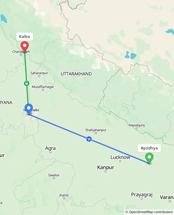 Route map showing distance and travel time from Ayodhya, India to Kalka, India