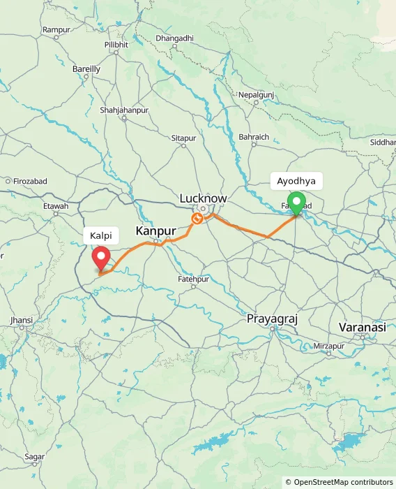 Route map showing distance and travel time from Ayodhya, India to Kalpi, India