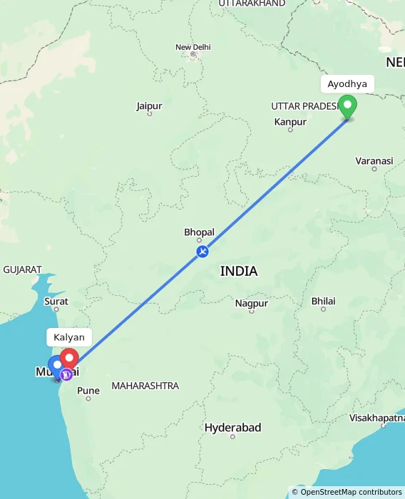 Route map showing distance and travel time from Ayodhya, India to Kalyan, India
