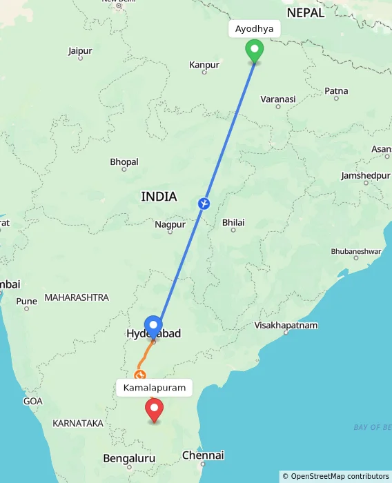 Route map showing distance and travel time from Ayodhya, India to Kamalapuram, India