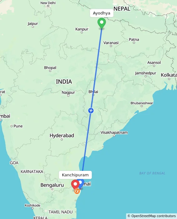 Route map showing distance and travel time from Ayodhya, India to Kanchipuram, India