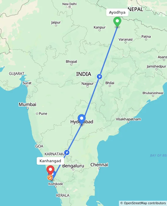 Route map showing distance and travel time from Ayodhya, India to Kanhangad, India