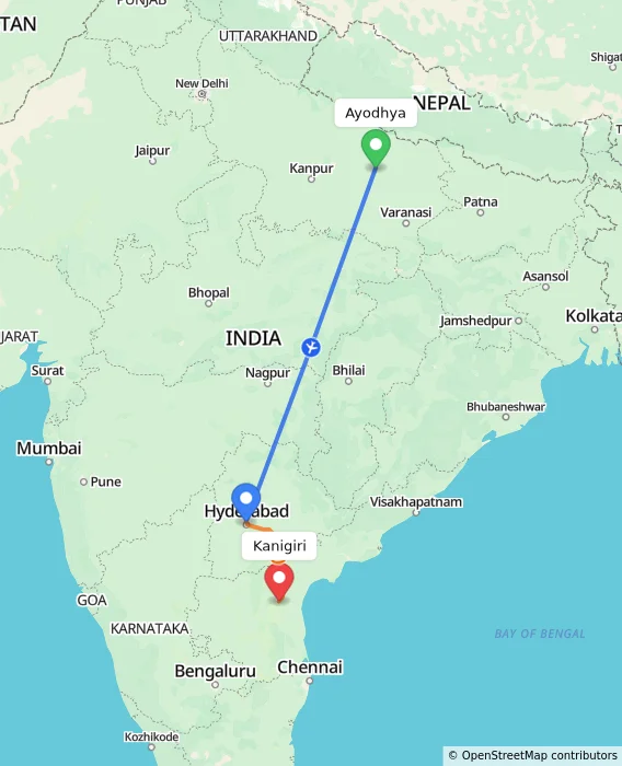 Route map showing distance and travel time from Ayodhya, India to Kanigiri, India
